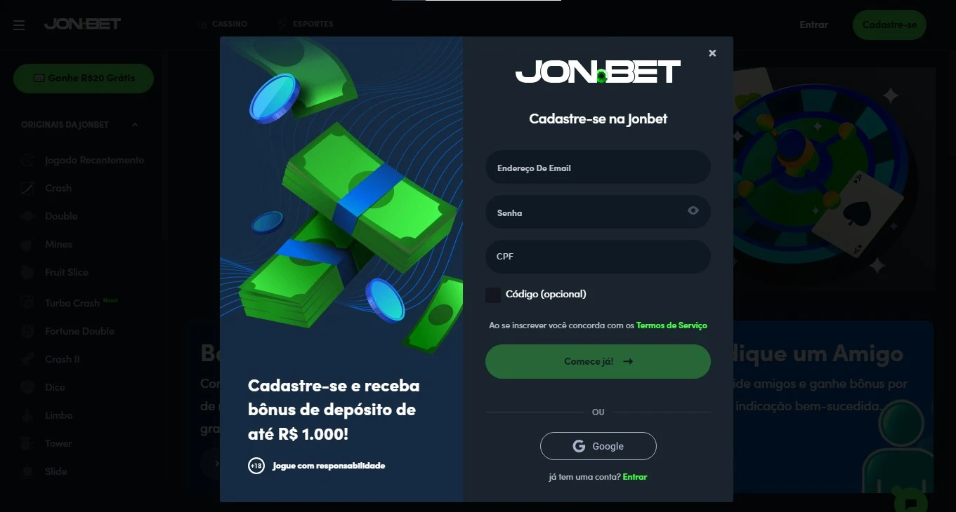 Registo no site Jonbet